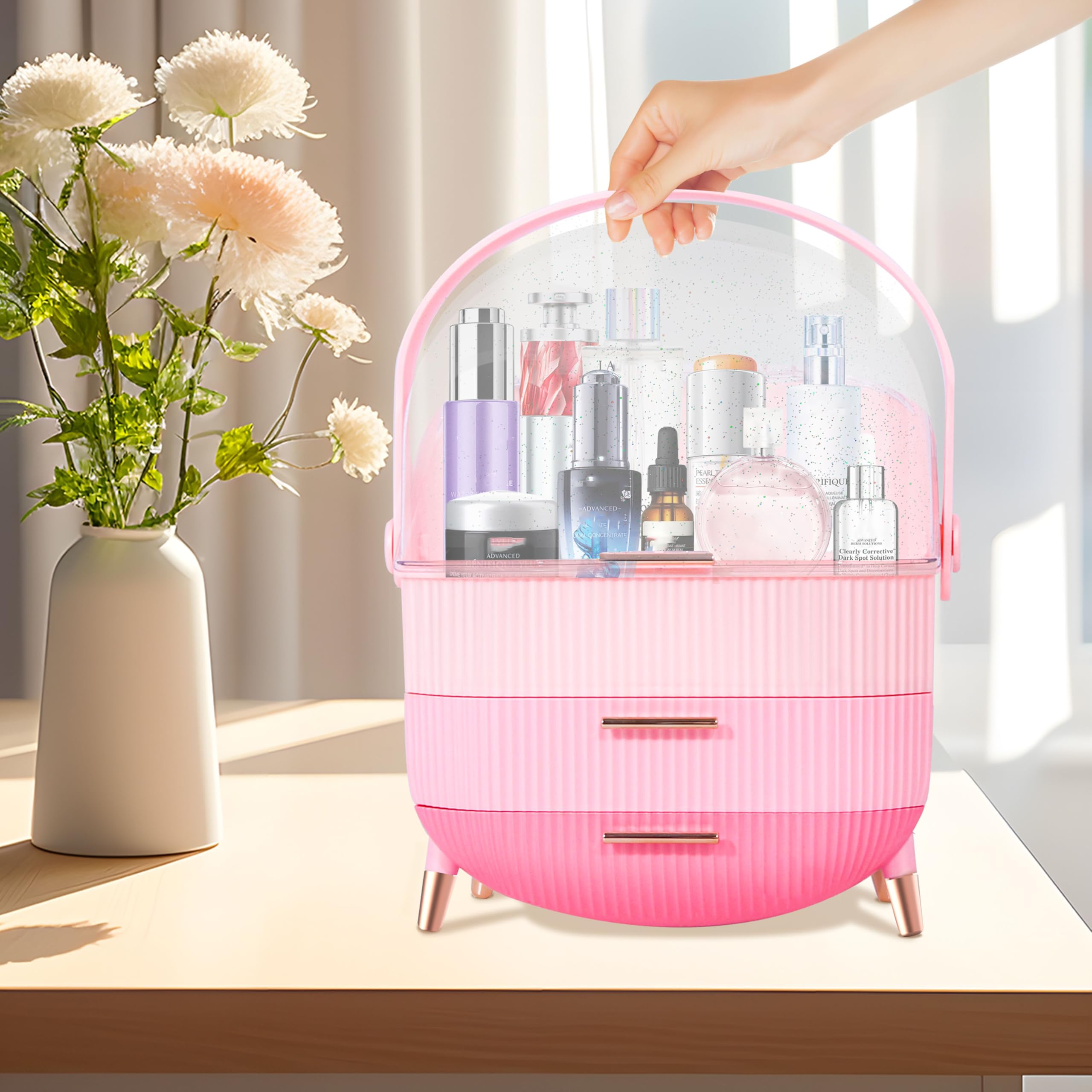 Ptesly Triple Pink organizer bottom drawers hold lip products and jewelry neatly