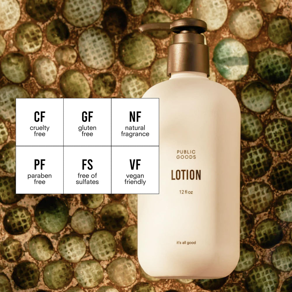 Public Goods Body & Hand Lotion cream texture shows rich, fast-absorbing consistency.