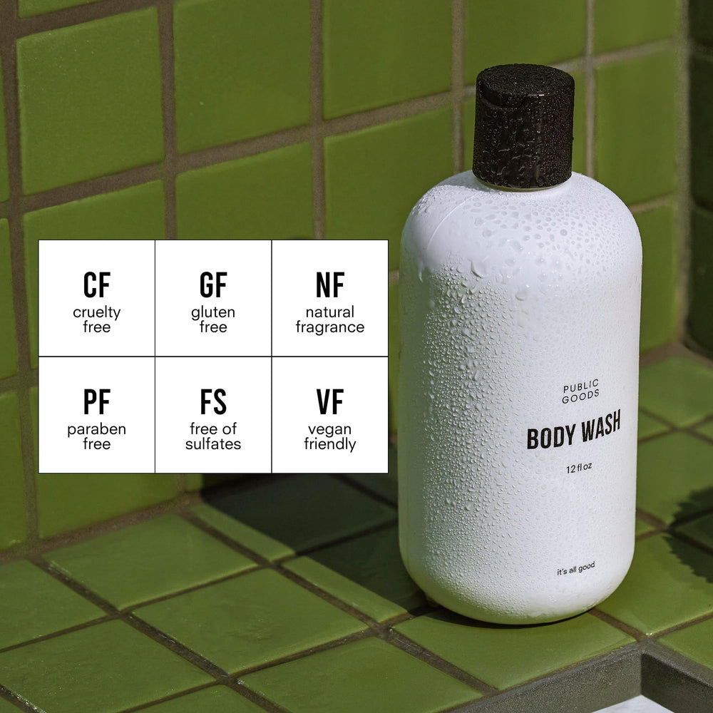 Public Goods body wash ingredients essential oils closeup highlights natural fragrance and nourishing aromas