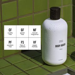 Public Goods body wash ingredients essential oils closeup highlights natural fragrance and nourishing aromas