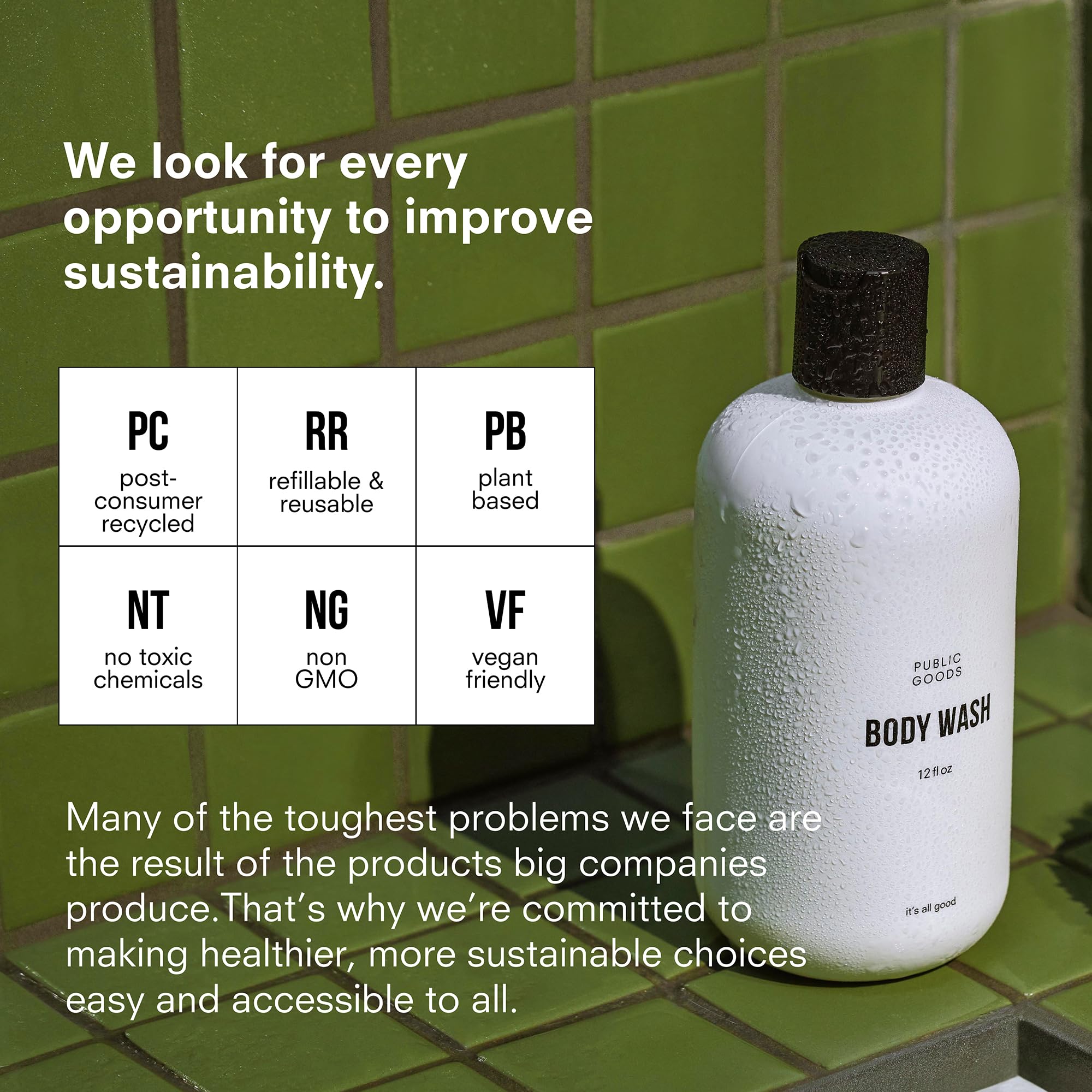 Public Goods body wash vegan-friendly packaging closeup demonstrates sustainable, cruelty-free choice