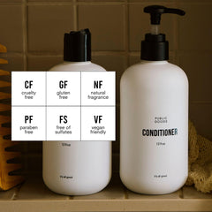Public Goods conditioner label closeup highlights natural ingredients and cruelty-free packaging.