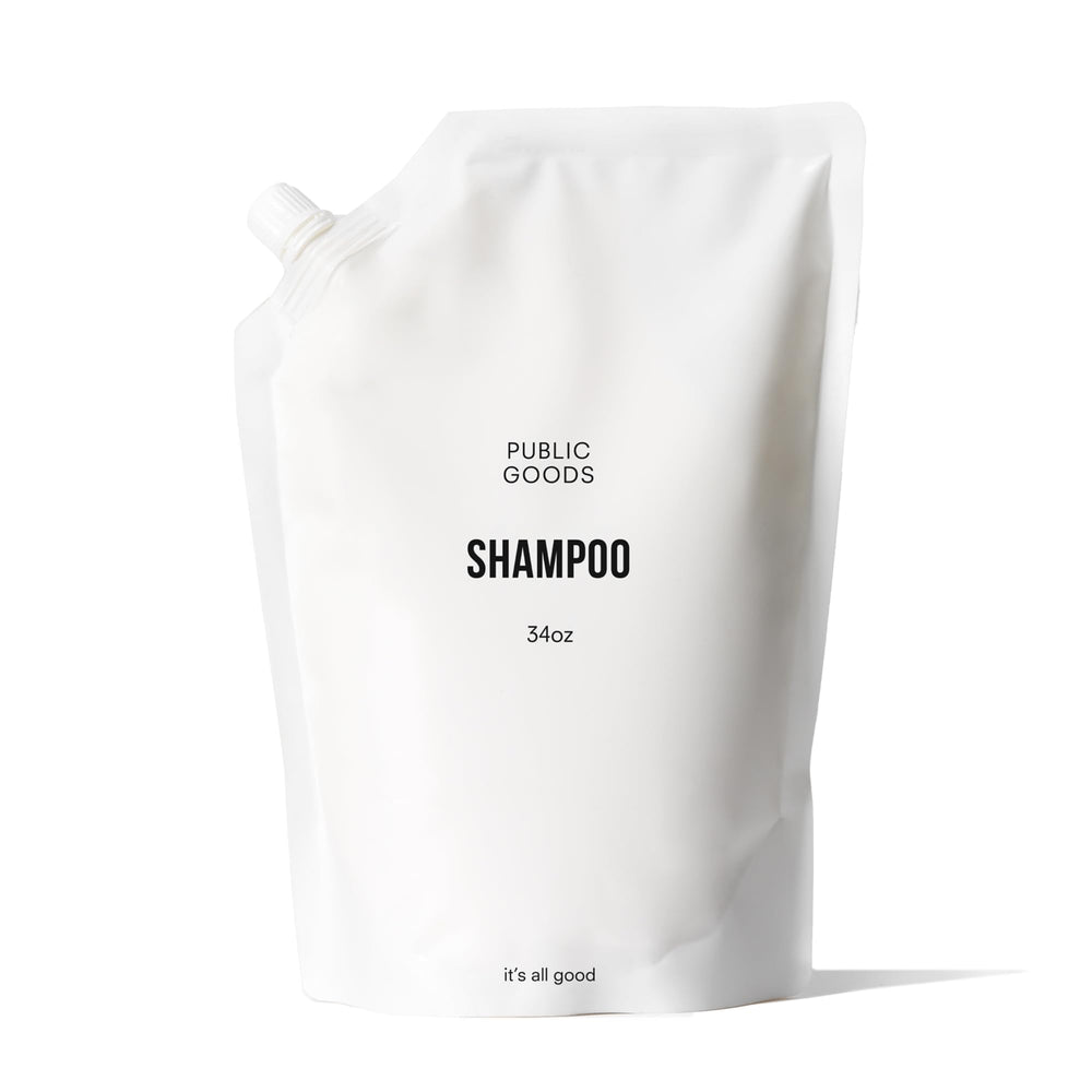 Public Goods Shampoo bottle closeup highlighting organic essential oils for gentle cleansing
