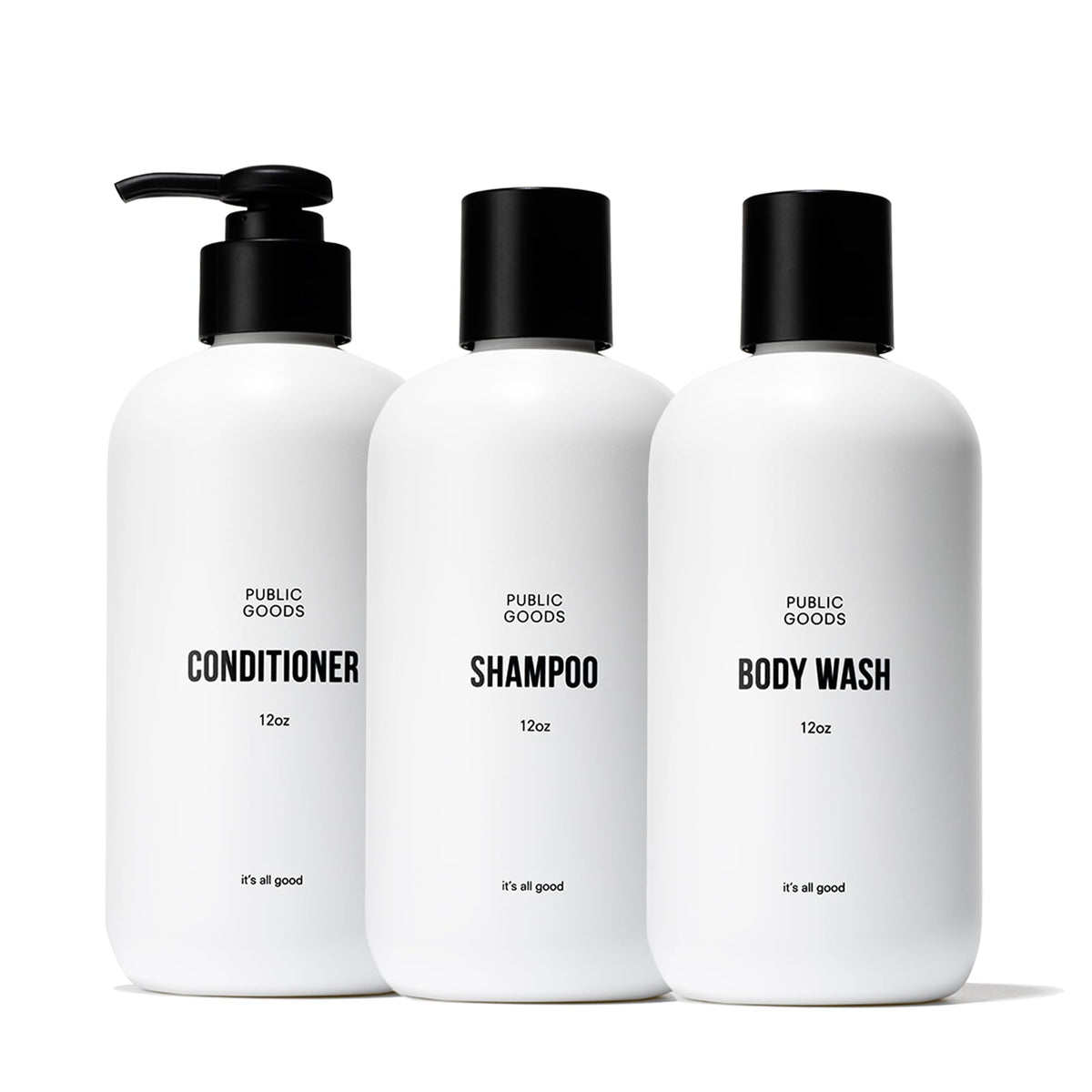 Public Goods shampoo bottle front shows a gentle, sulfate-free cleanse for healthy hair.