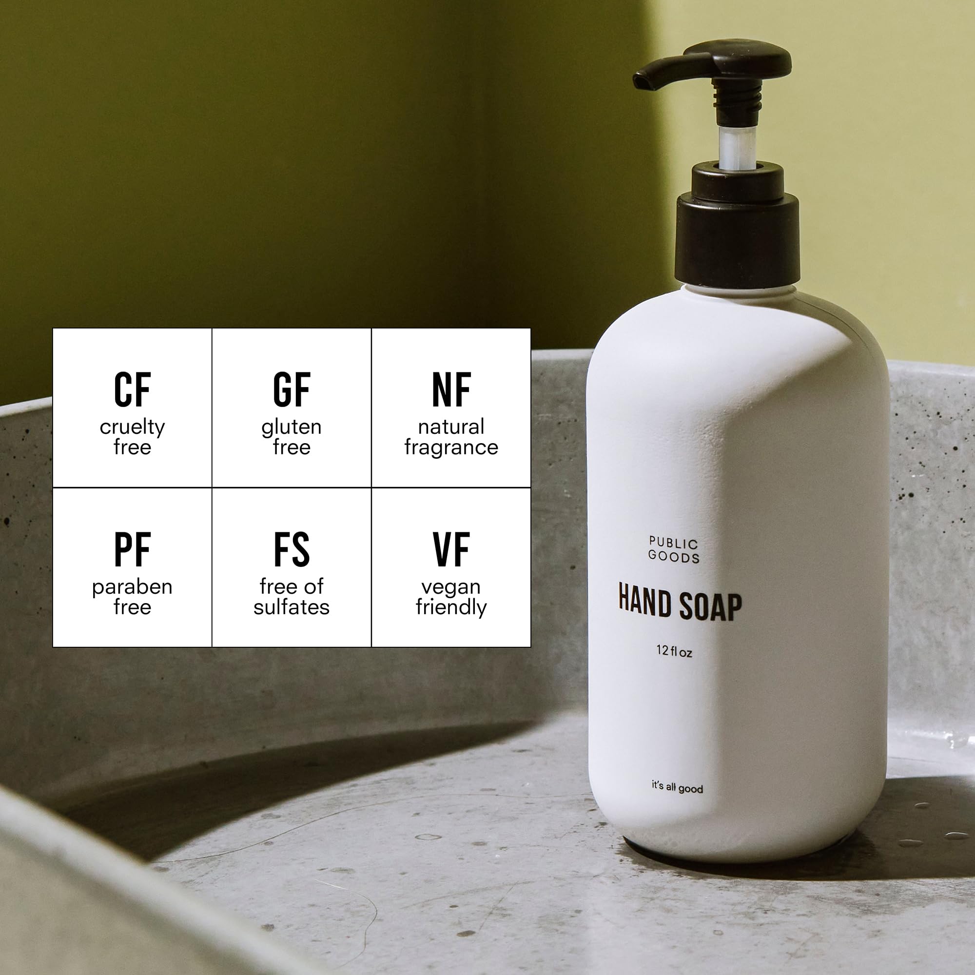 Public Goods Hand Soap bottle label close-up showing natural essential oils for a gentle cleanse.