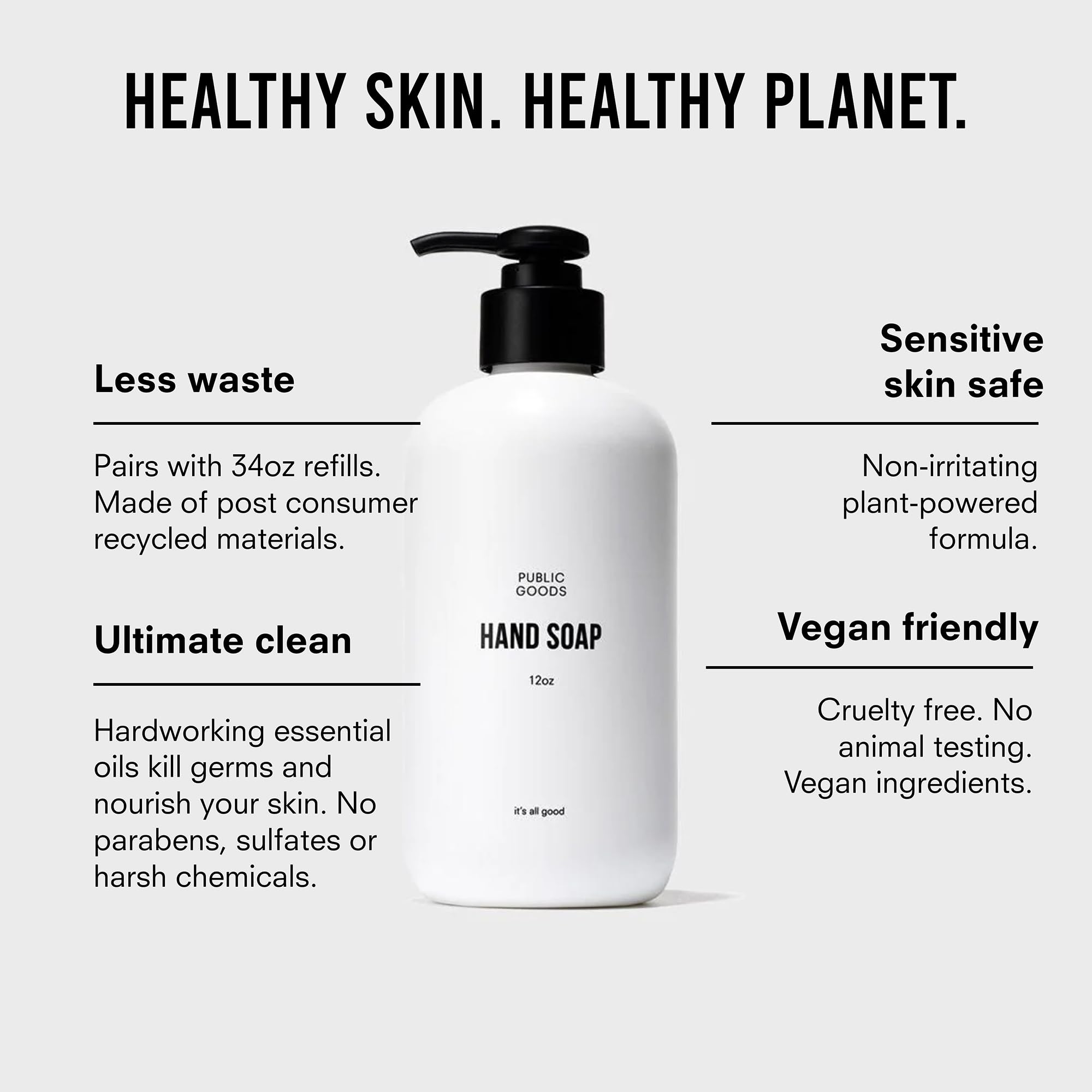Public Goods Hand Soap close-up of ingredients highlighting essential oils and clean formula.