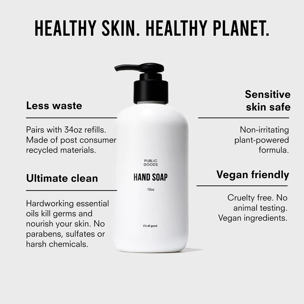 Public Goods Hand Soap close-up of ingredients highlighting essential oils and clean formula.