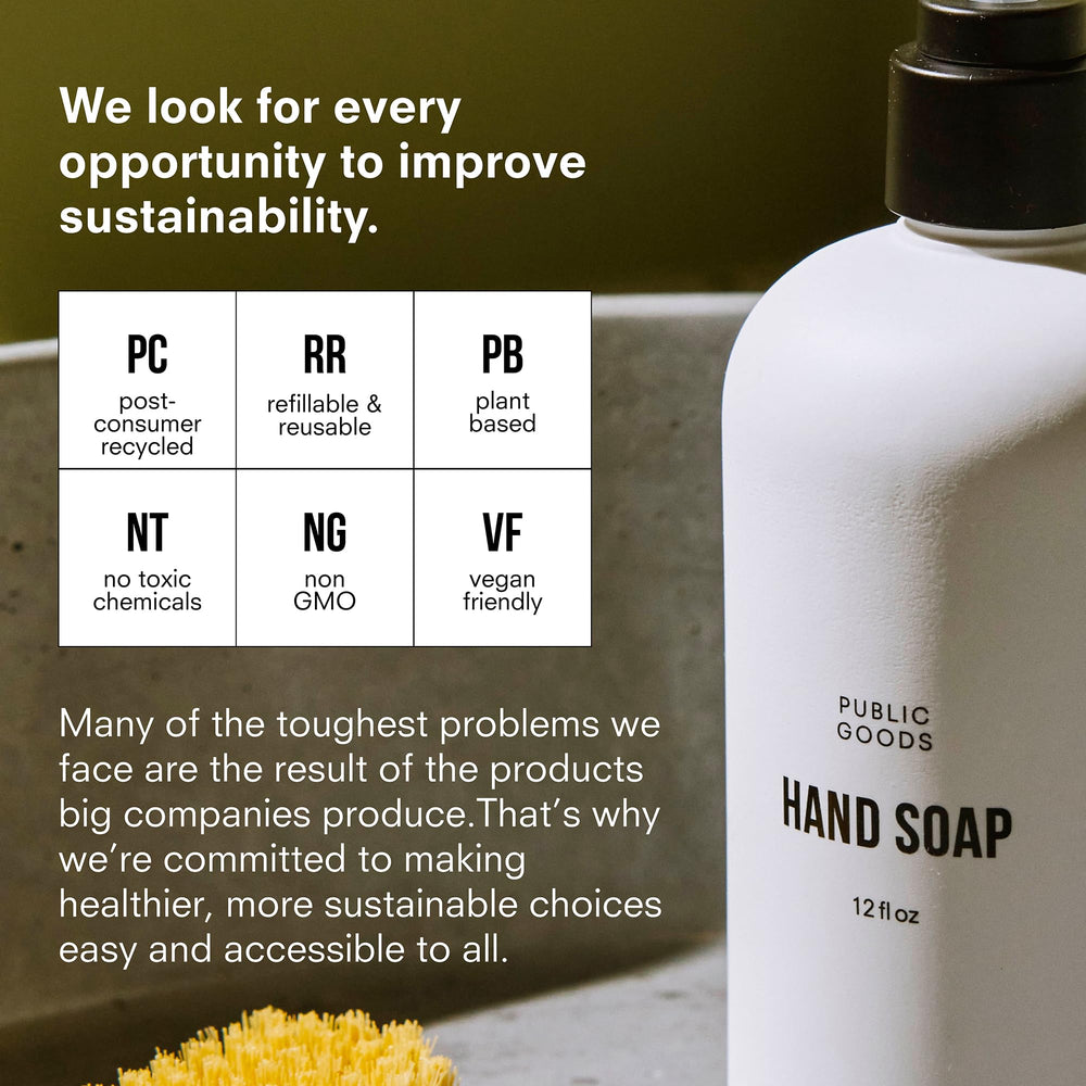 Public Goods Hand Soap packaging made from 100% recycled post-consumer plastic.
