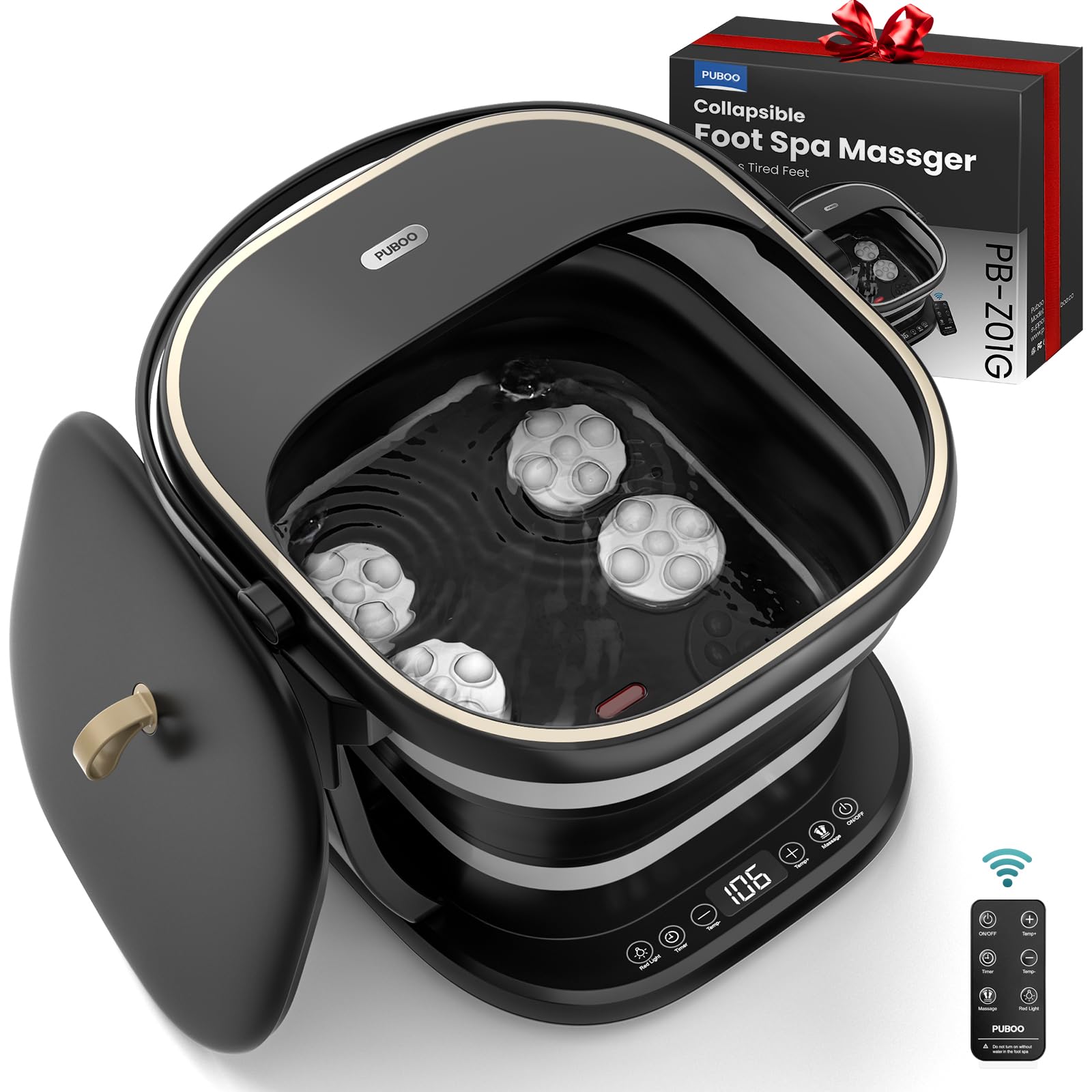 Puboo collapsible foot spa front view shows compact design for easy storage and quick relaxation.