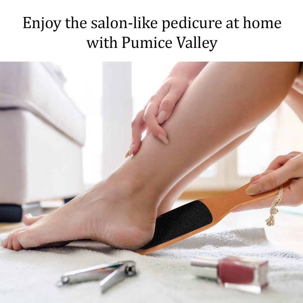 Pumice Valley foot filer in use demonstrating an at-home pedicure routine.
