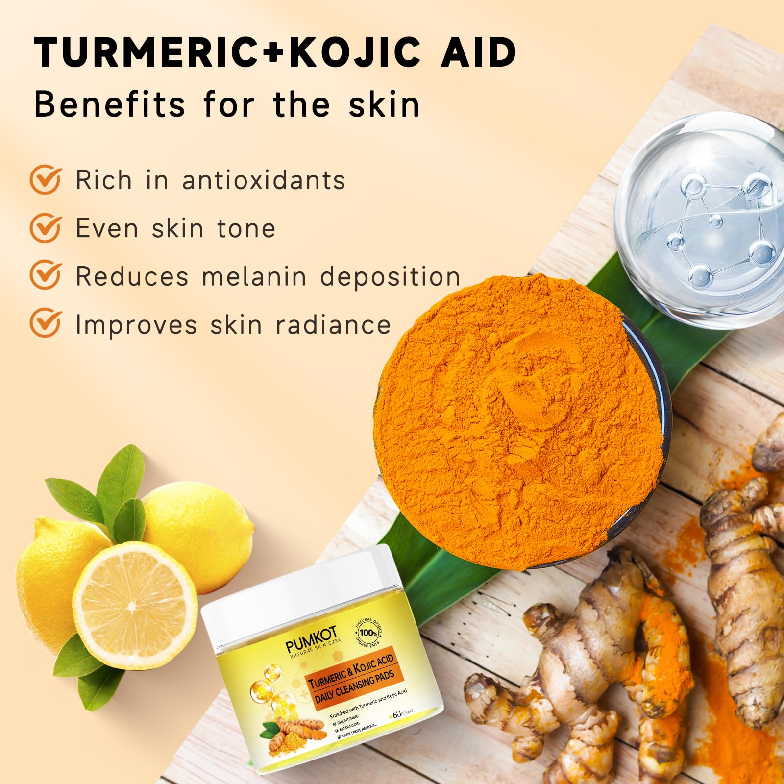Pumkot lemon and olive extracts visible in turmeric kojic acid pads