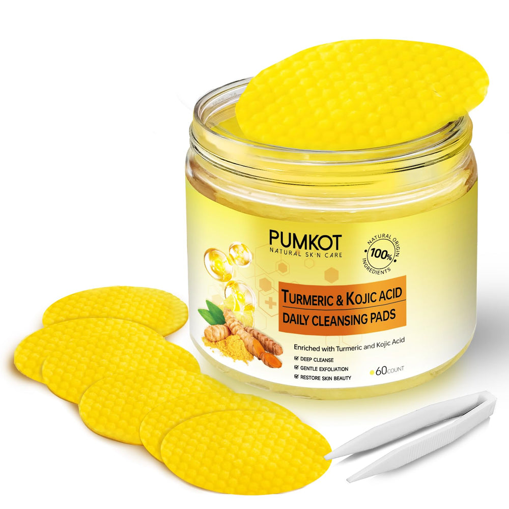 Pumkot packaging front for turmeric kojic cleansing pads highlighting natural ingredients for daily cleansing