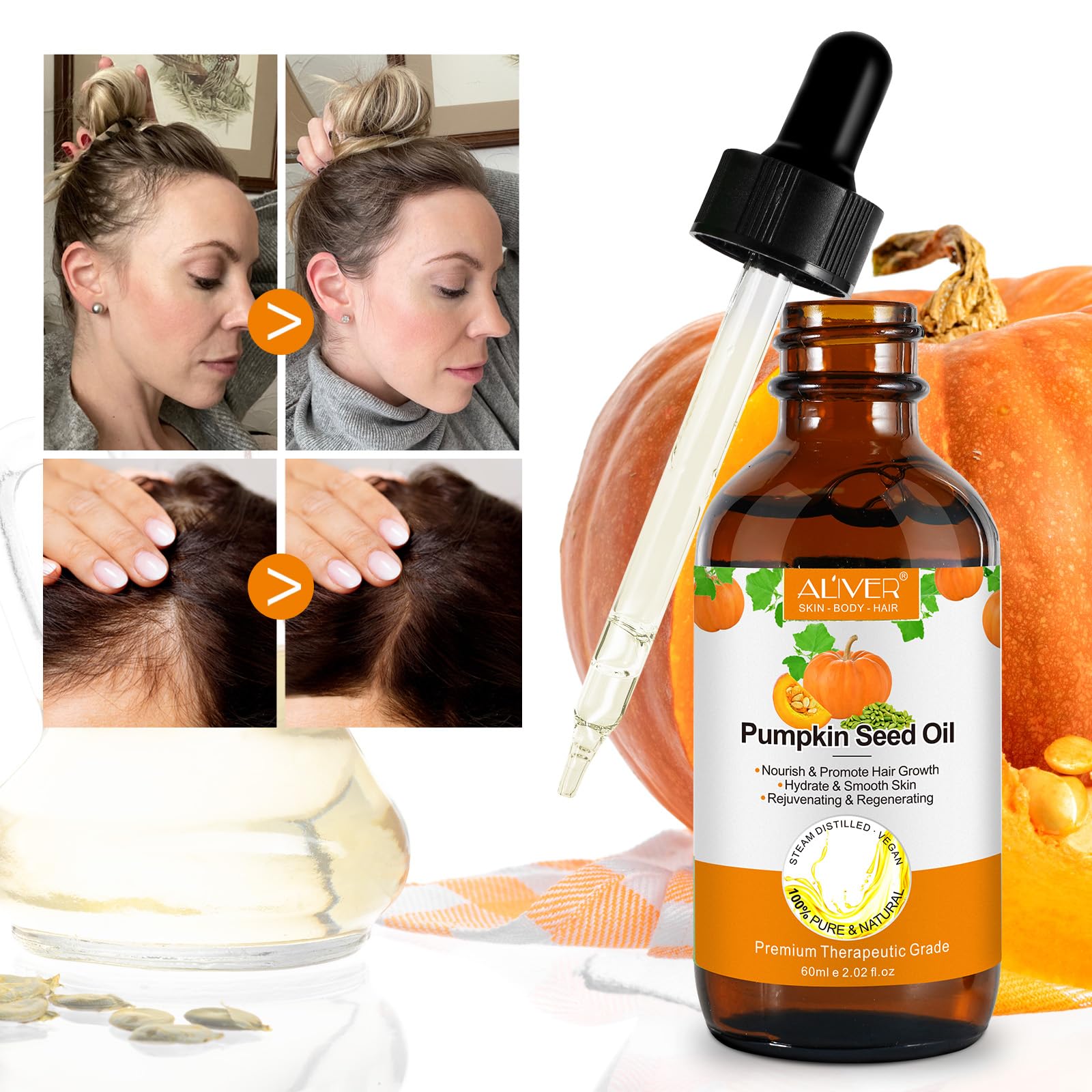 Pumpkin Seed Oil haircare application shows scalp nourishment and moisture.