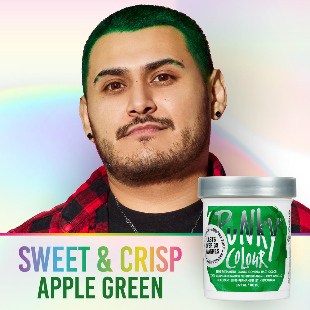Punky Apple Green on-hair after color with bold, fade-friendly result.