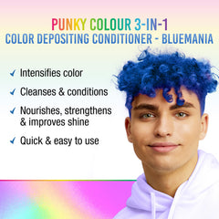 Punky Bluemania color swirls on hair illustrating rich tones and conditioning