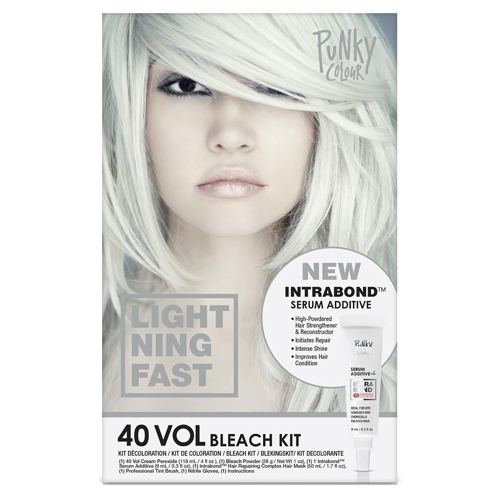 Punky Intrabond 40Vol Bleach Kit with gloves and brush for controlled at-home lightening.