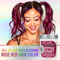 Punky Rose Red hair ends silky close-up shows smooth, frizz-free color care.