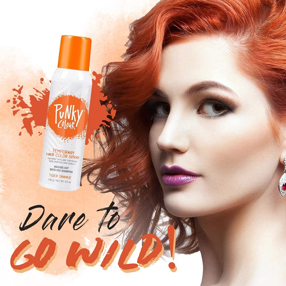 Punky Tiger Orange streak detail highlights bold color accents on hair.