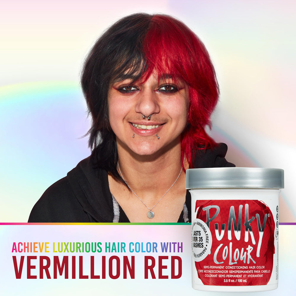 Punky Vermillon Rojo con acabado Vibrante en el cabello.
