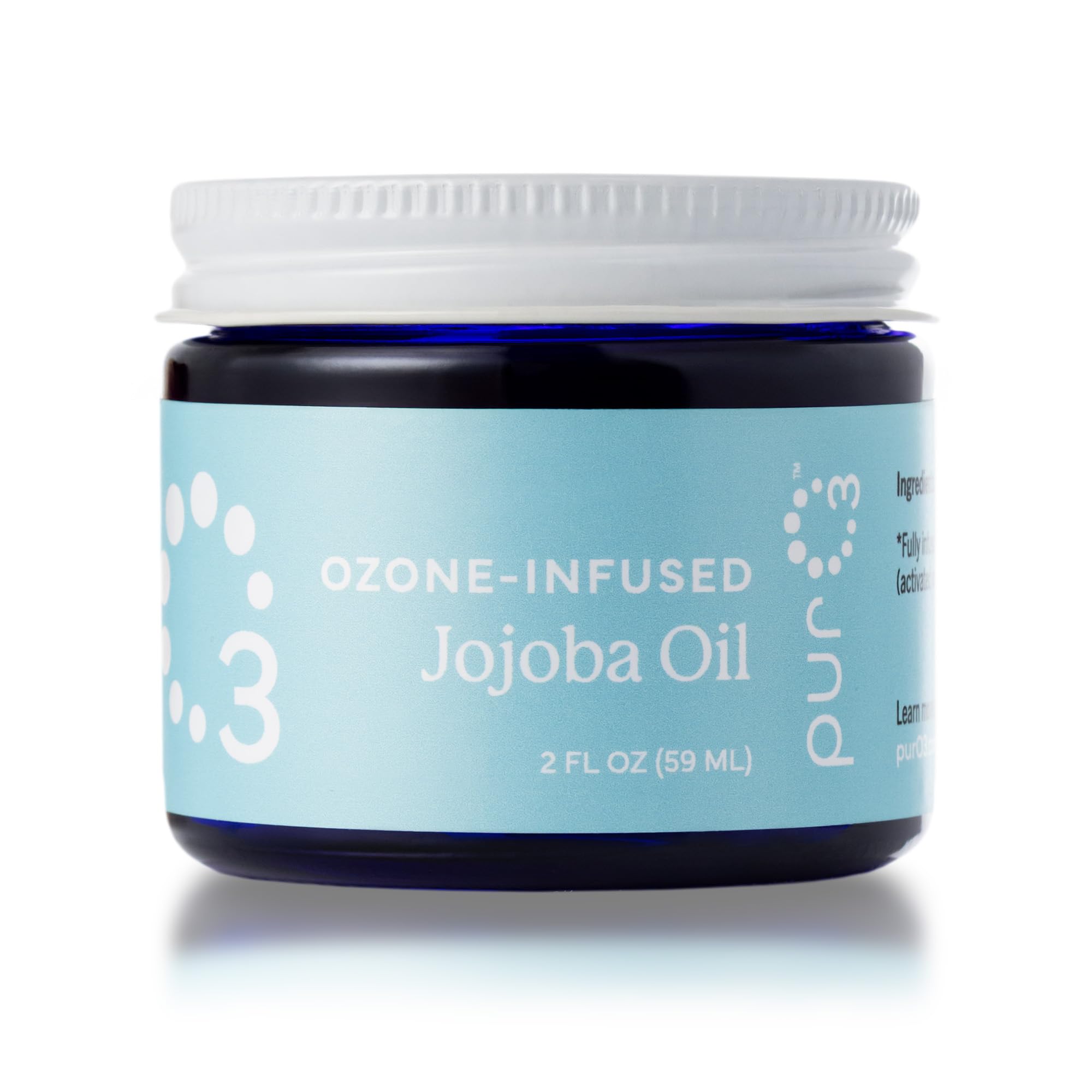 PurO3 ozonated jojoba oil bottle shows hydrating skincare for face and body