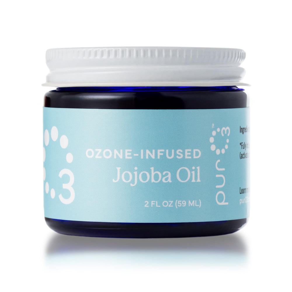 PurO3 ozonated jojoba oil bottle shows hydrating skincare for face and body