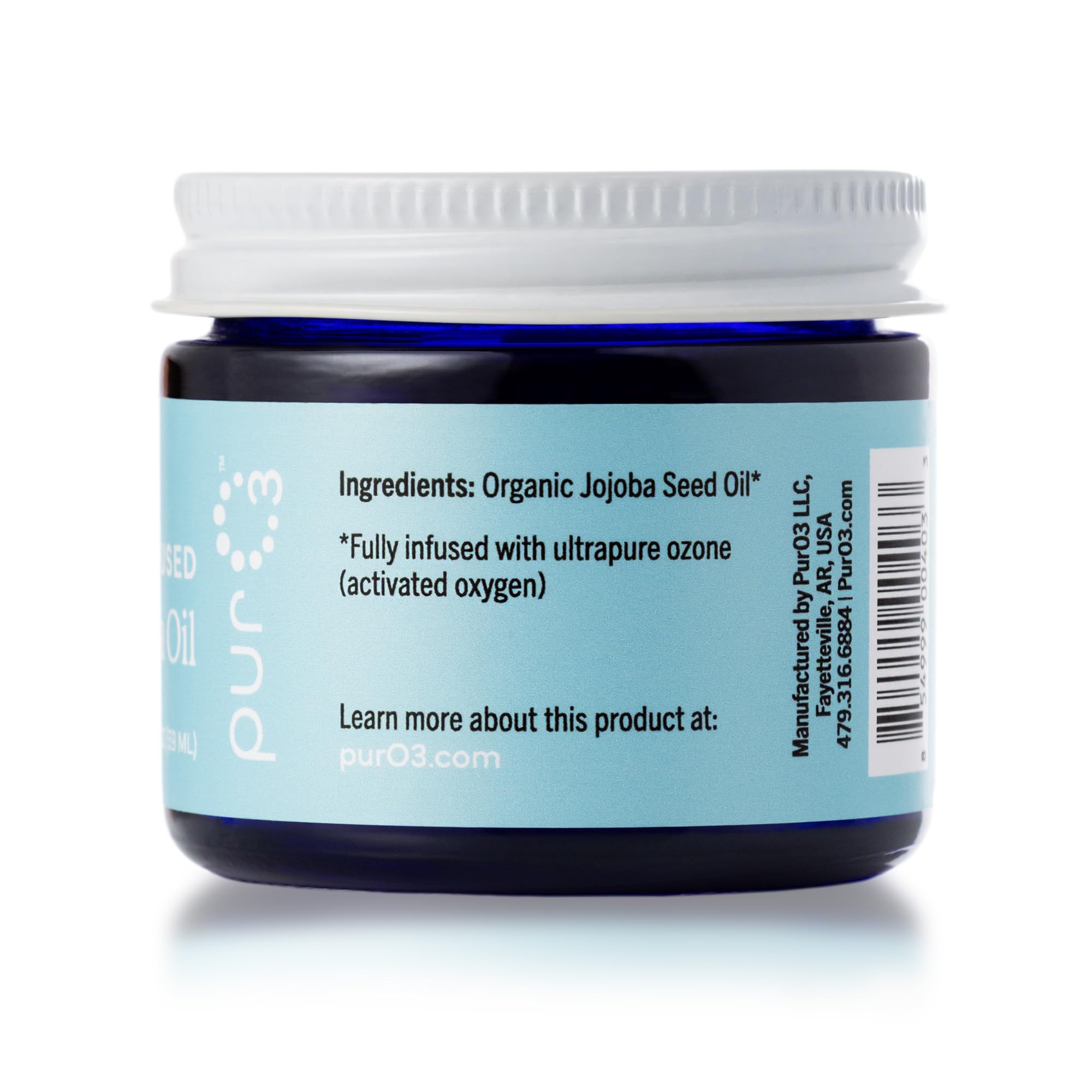 PurO3 ozonated jojoba oil salve jar demonstrates deep hydration for hands and elbows