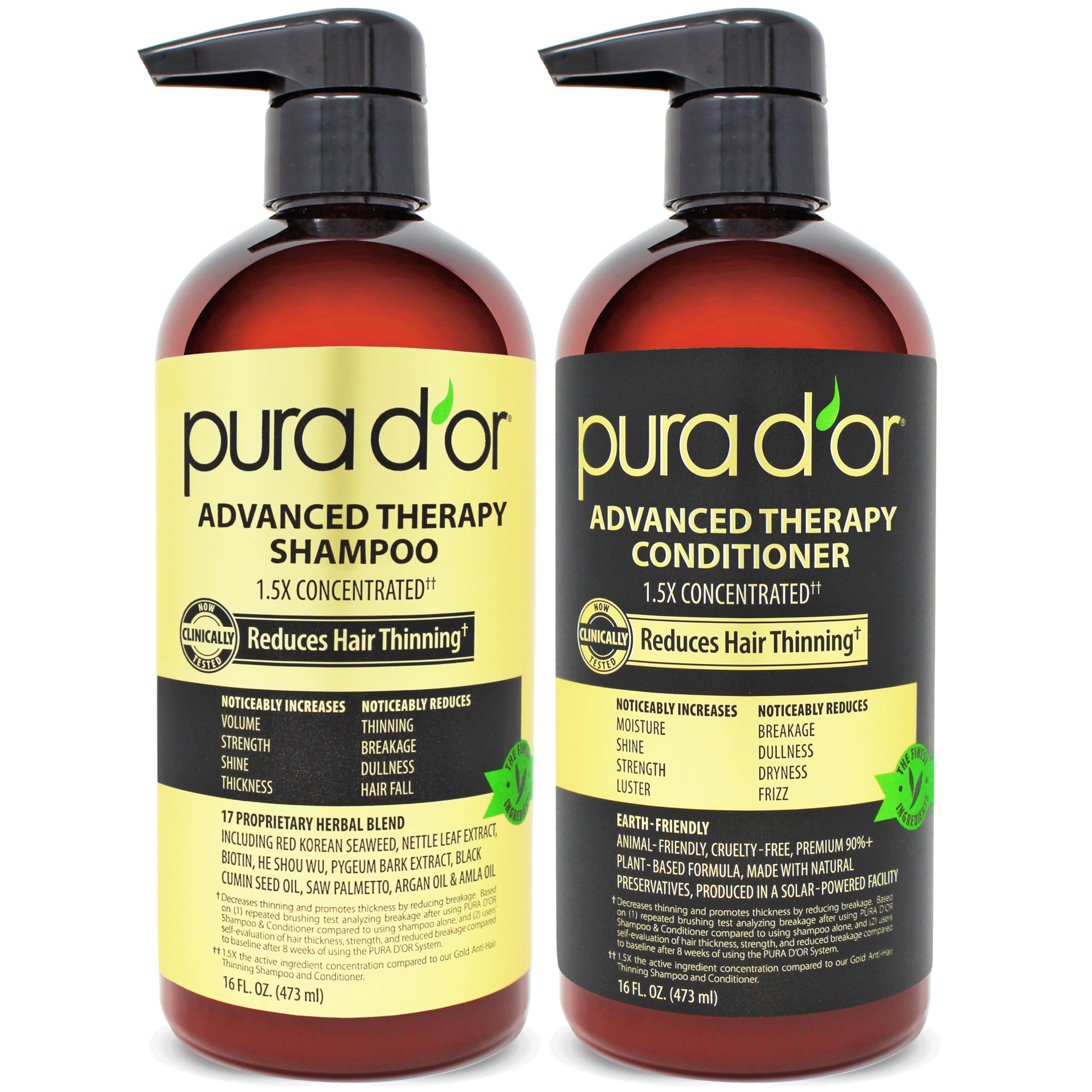 PURA D'OR Advanced Therapy Biotin Shampoo pour bottle showing volumizing formula for thinning hair