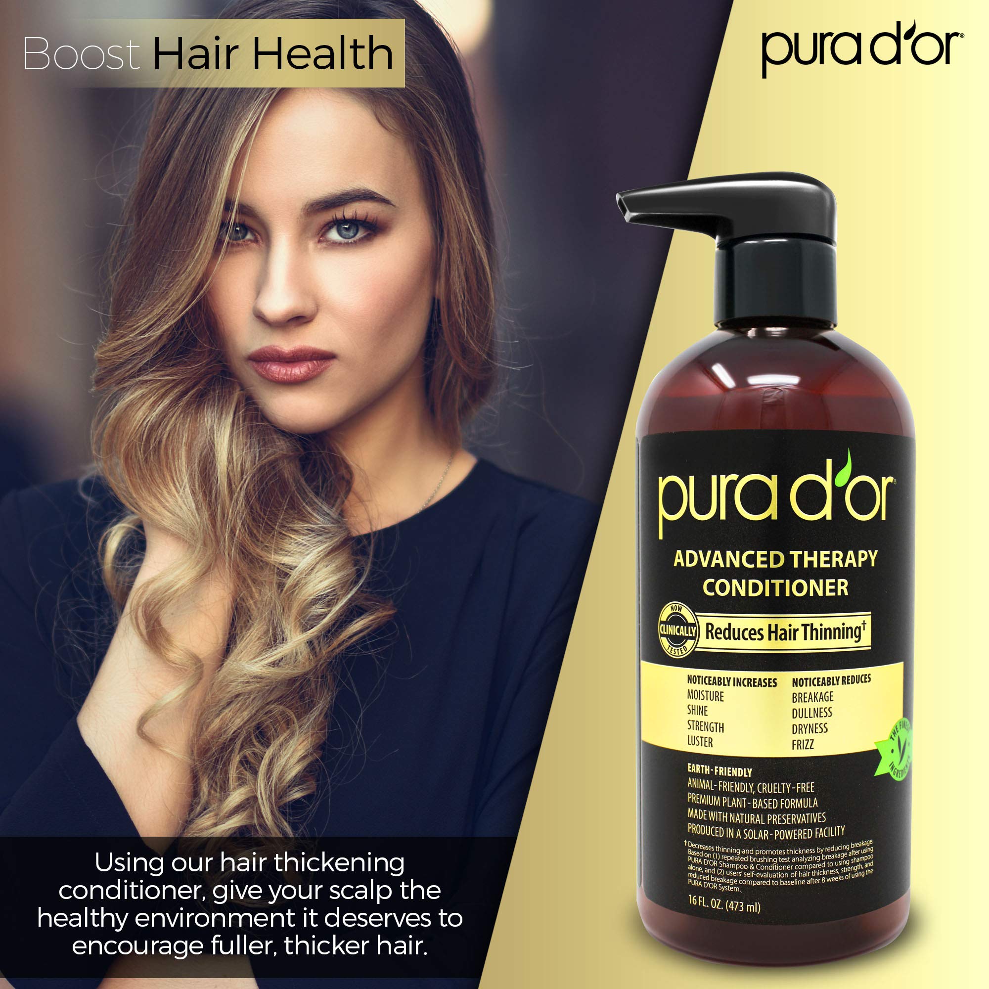 PURA D'OR conditioner label highlights vegan cruelty-free branding and clean formula