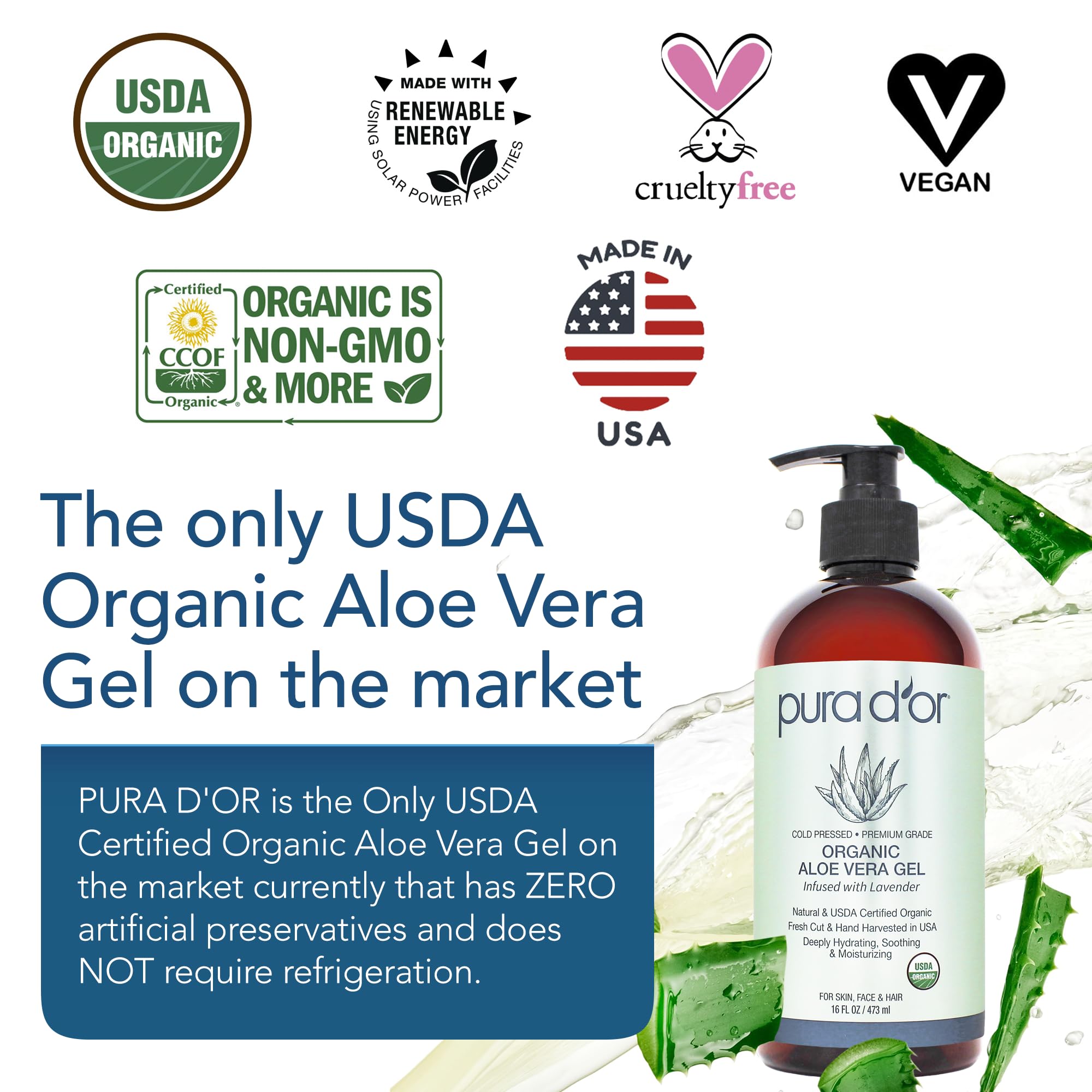 PURA D'OR Aloe Vera Gel Lavender label close-up with USDA Organic certification