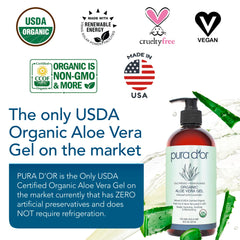 PURA D'OR Aloe Vera Gel Lavender label close-up with USDA Organic certification