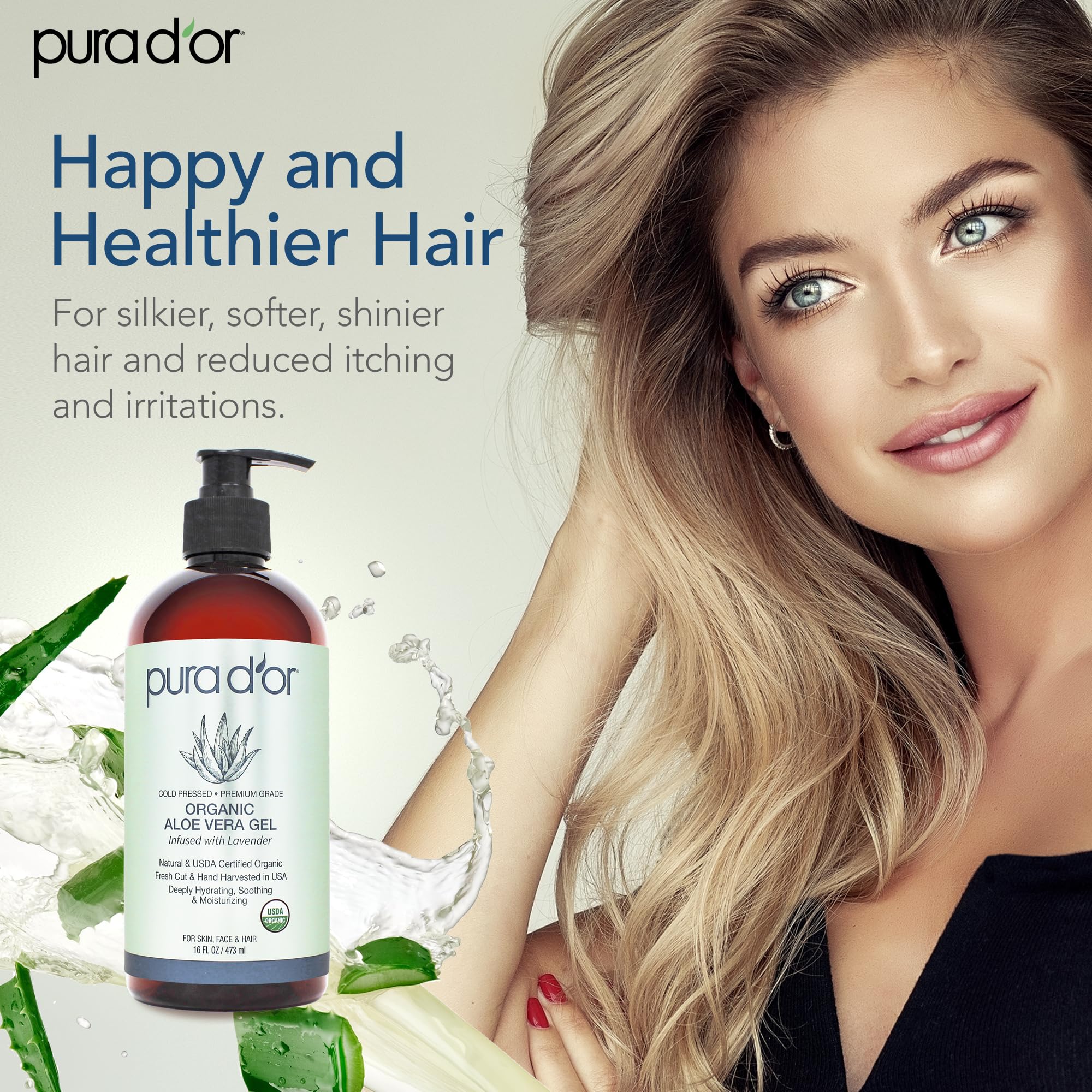 PURA D'OR Aloe Vera Gel Lavender packaging highlights zero artificial preservatives
