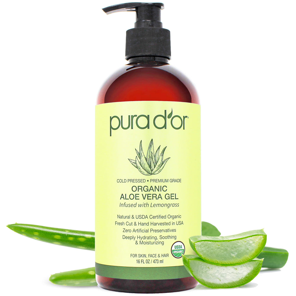 PURA D'OR Aloe Vera Gel lemongrass bottle provides organic hydration for skin