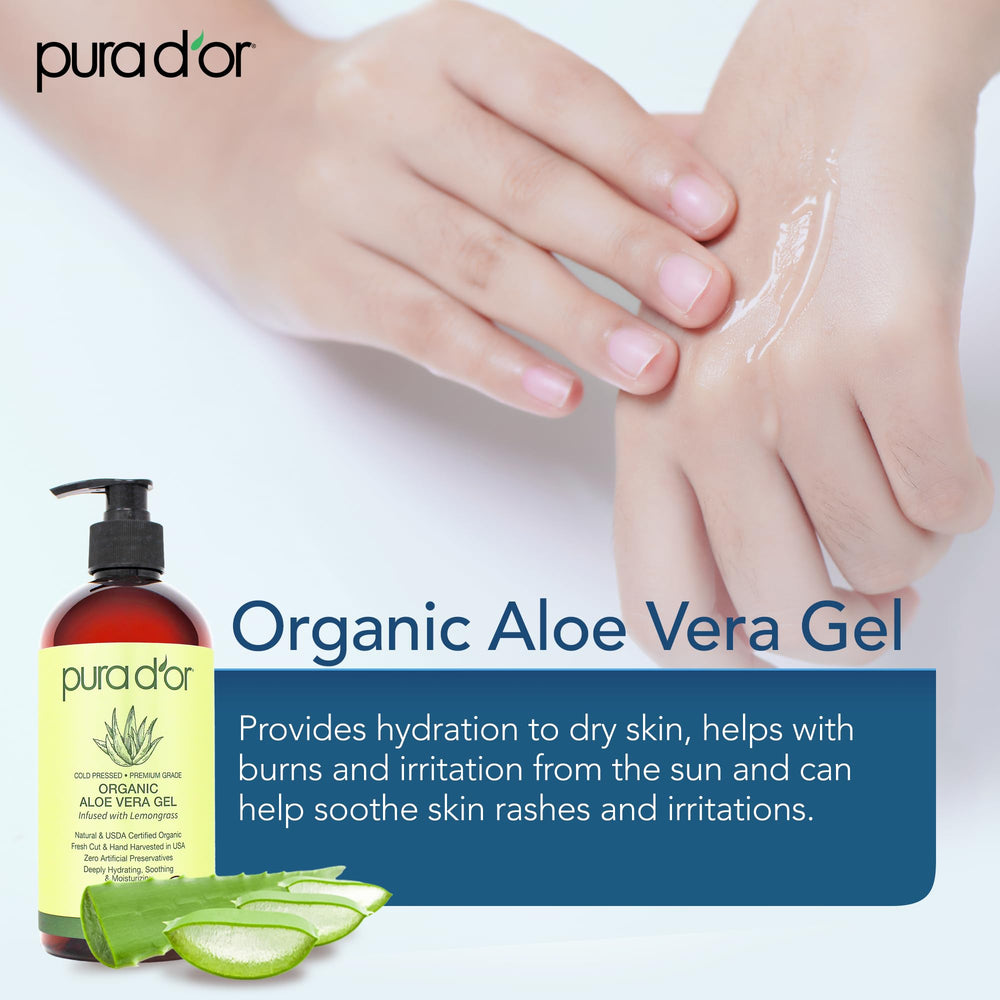 PURA D'OR Aloe Vera Gel label highlighting organic, additive-free formula