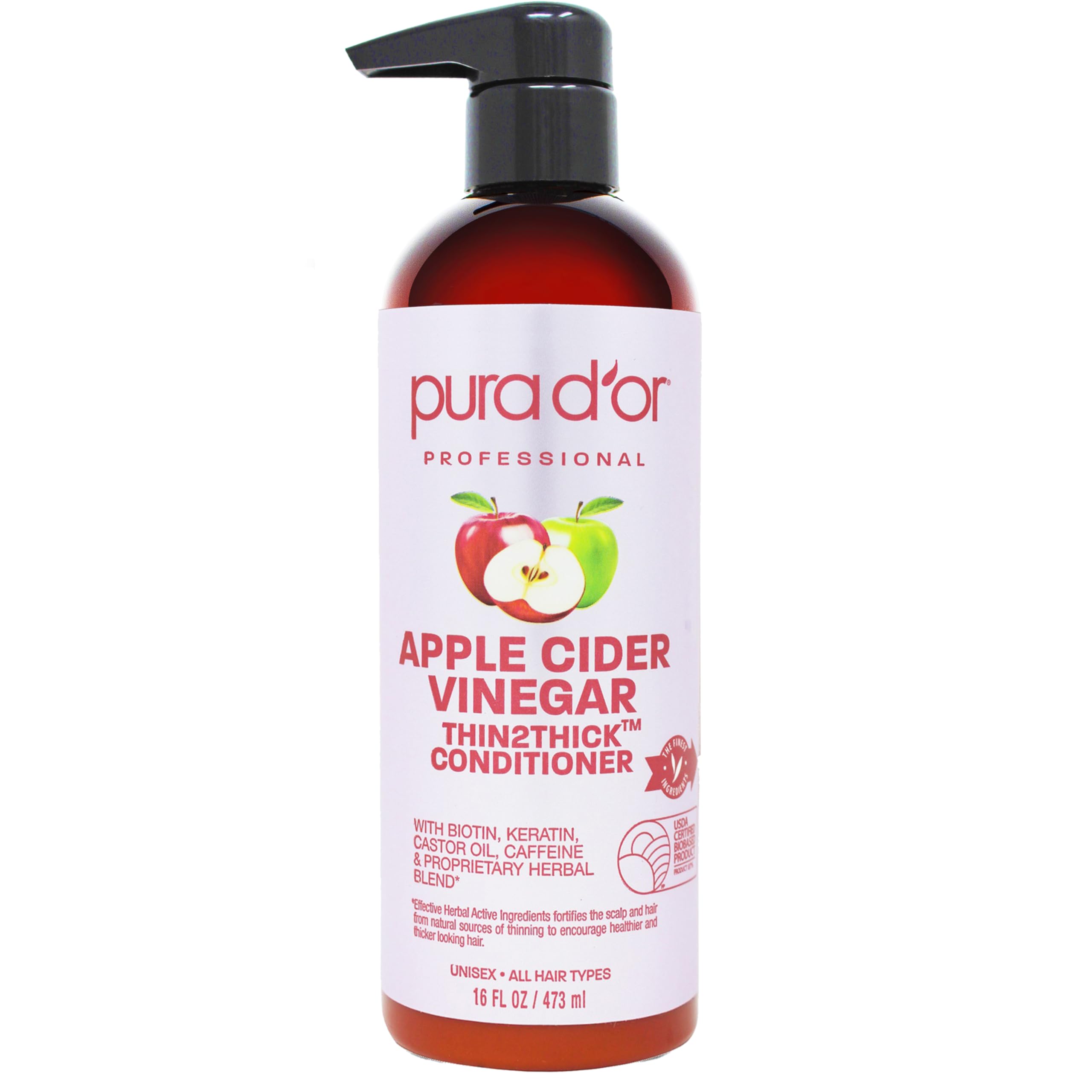 PURA D'OR Apple Cider Vinegar Conditioner bottle promotes shine and scalp detox.