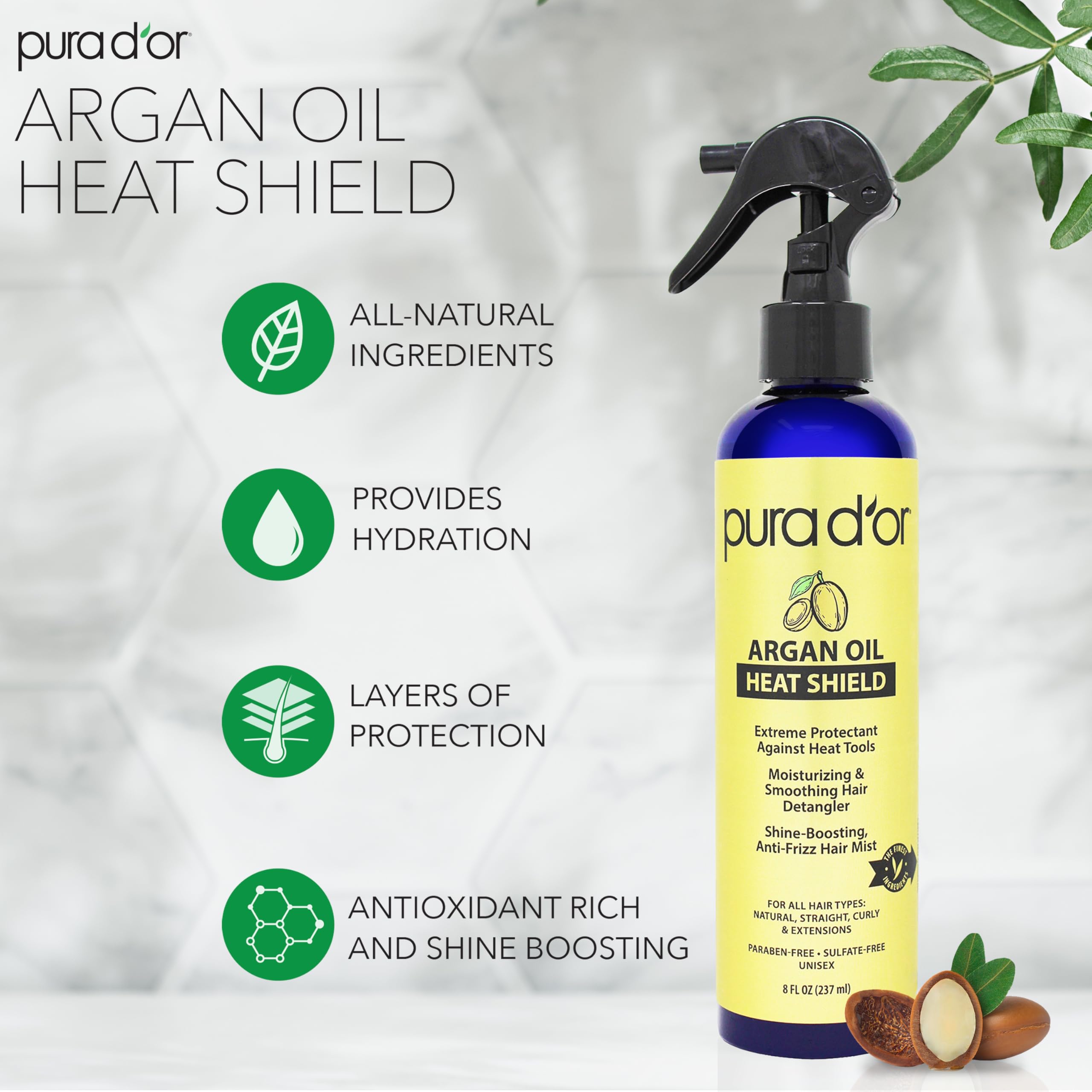 PURA D'OR Argan Oil Heat Shield application on hair shows leave-in protection.