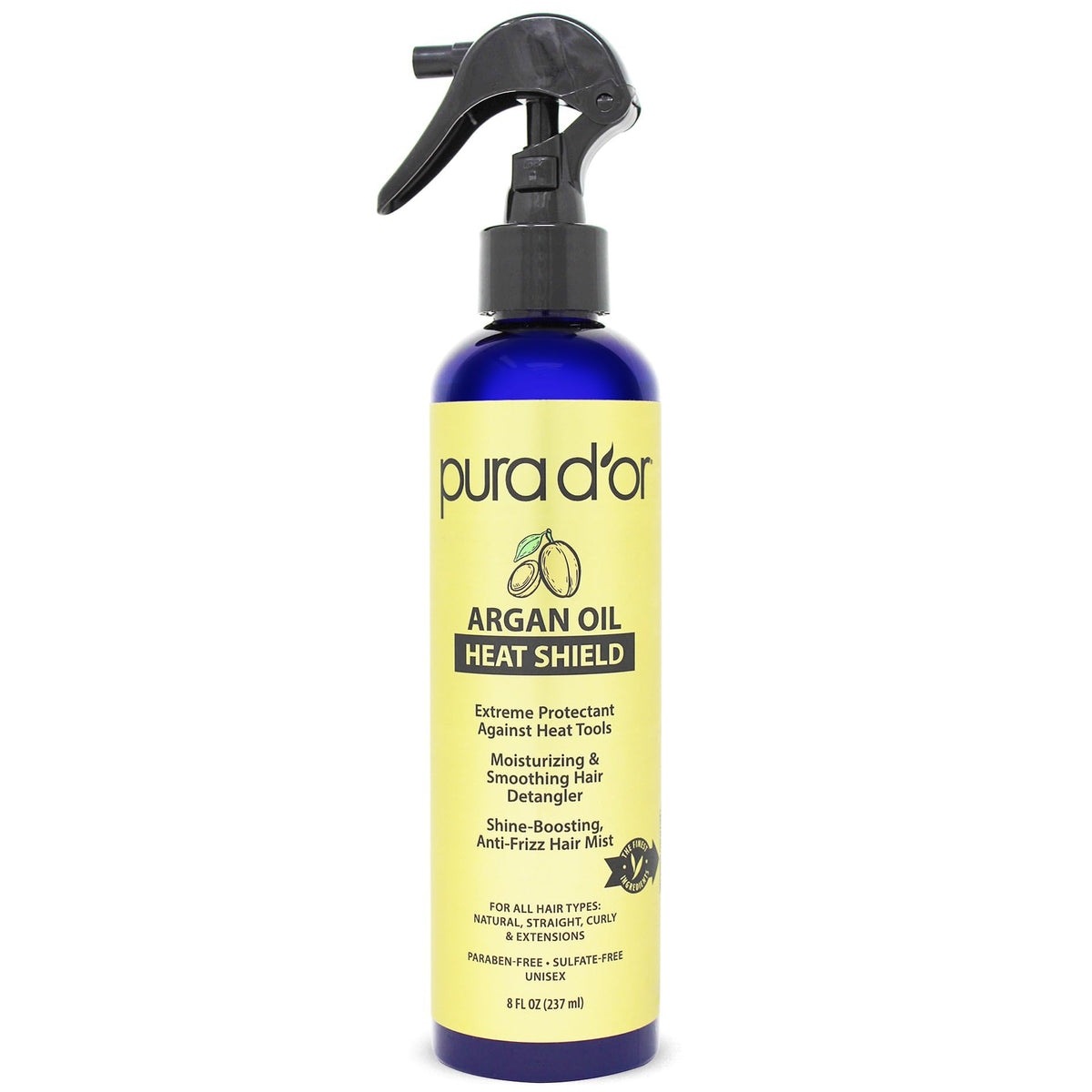 PURA D'OR Argan Oil Heat Shield bottle pour for easy application and heat protection.