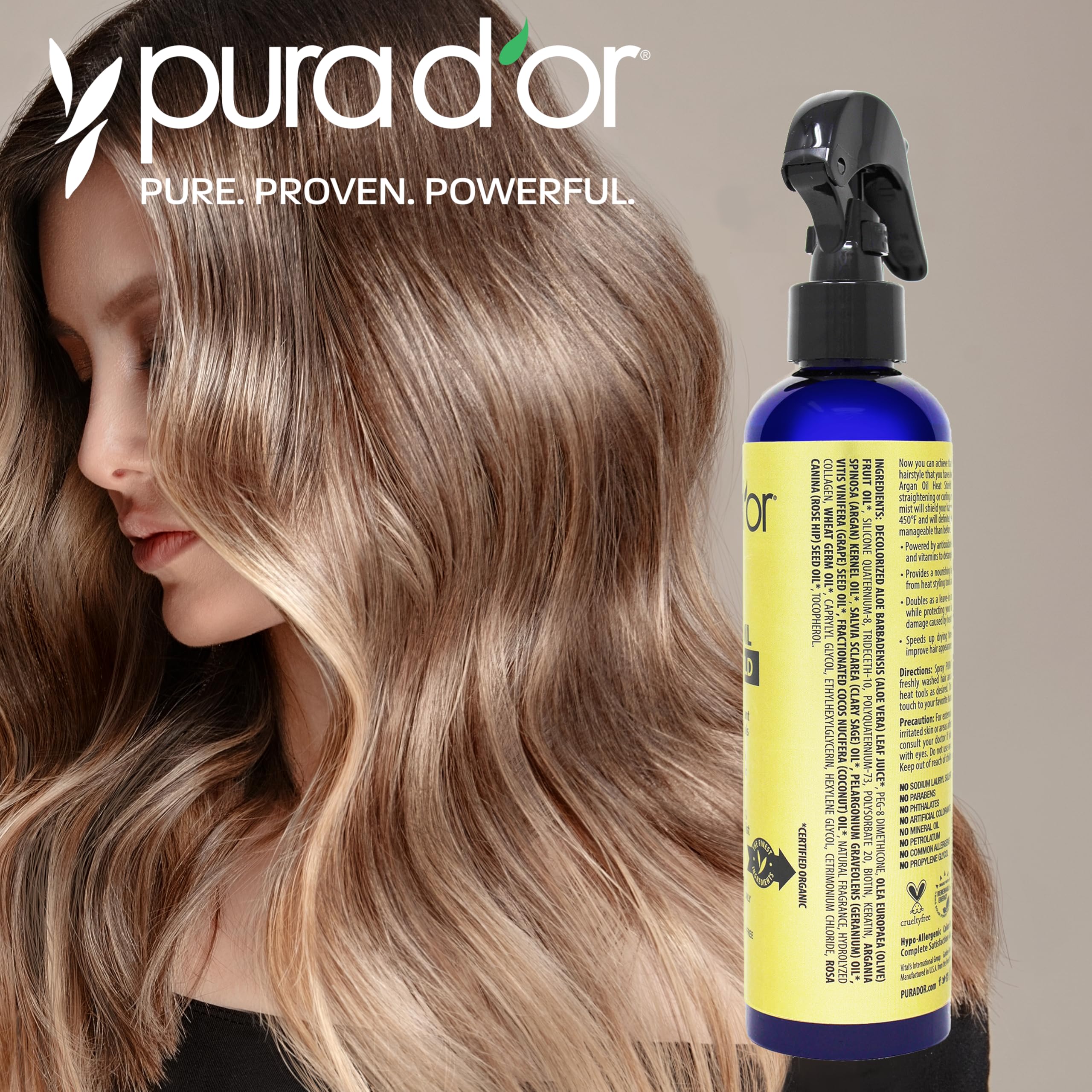 PURA D'OR Argan Oil Heat Shield frizz-control preview on styled hair.