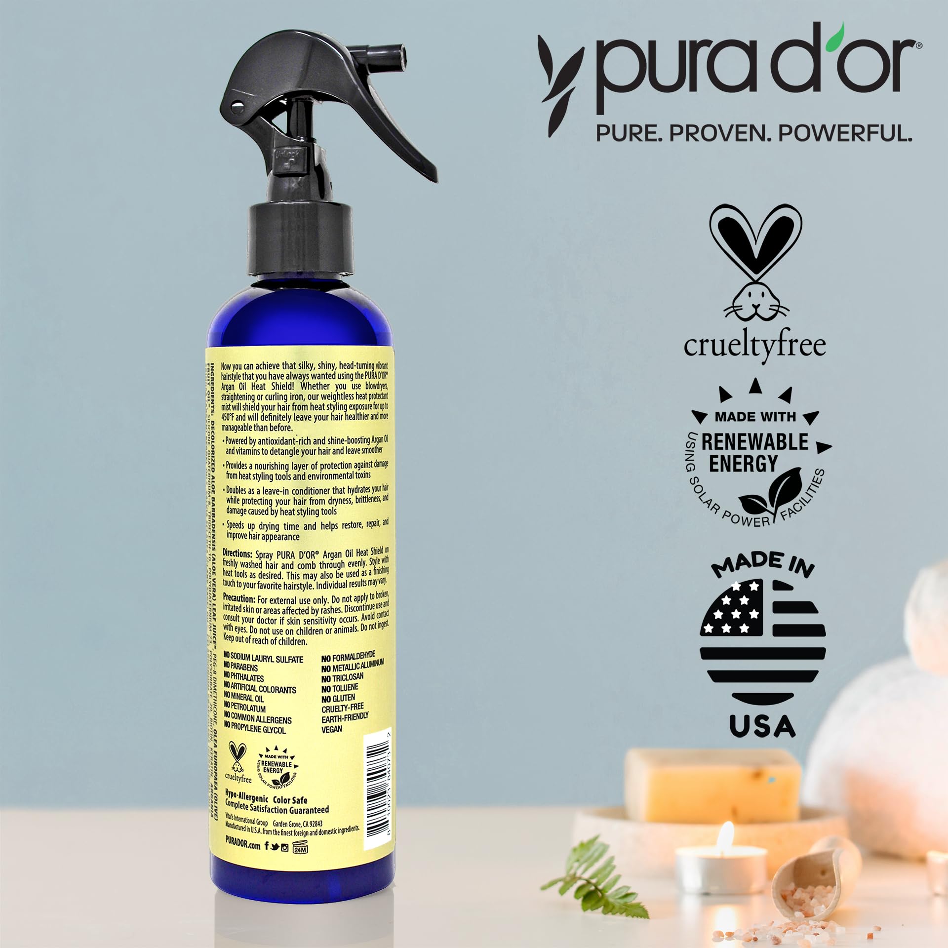 PURA D'OR Argan Oil Heat Shield ingredients close-up showing select organics.