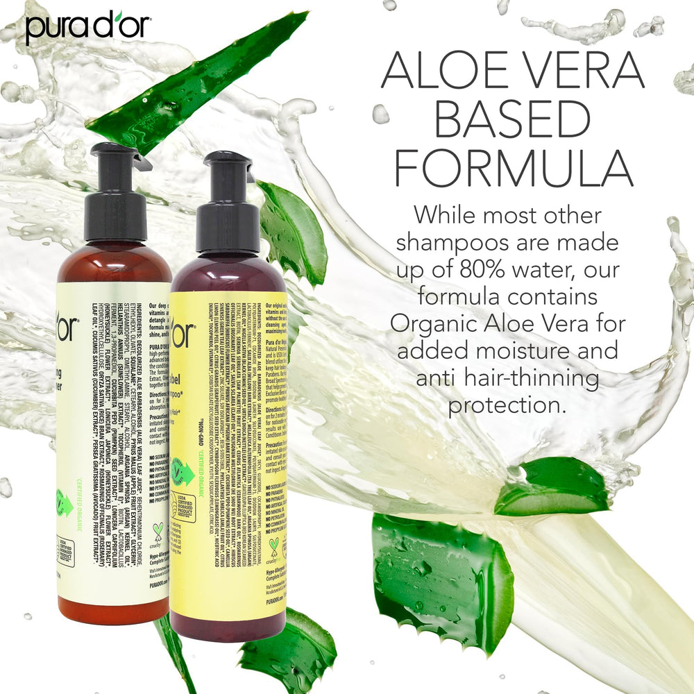 PURA D'OR argan oil-tea tree-rosemary ingredients label — botanical blend for scalp nourishment.
