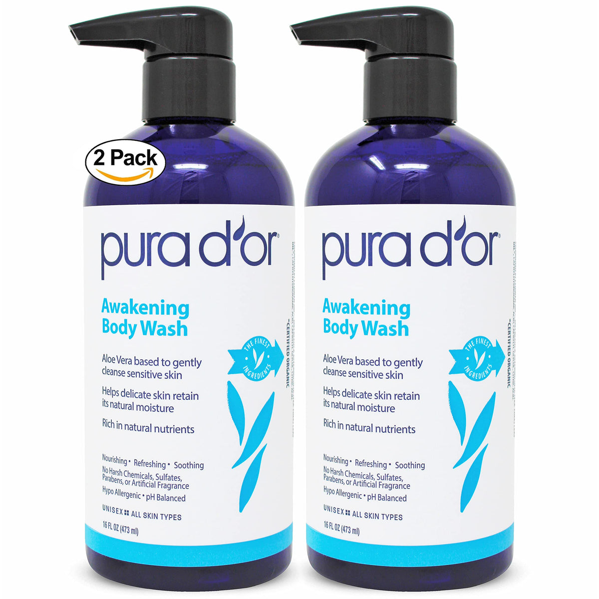 PURA D'OR Awakening Body Wash bottle front offers a refreshing cleanse for hydrated skin