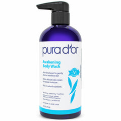 PURA D'OR Awakening Body Wash bottle front promotes hydrated, soft skin for daily cleansing.