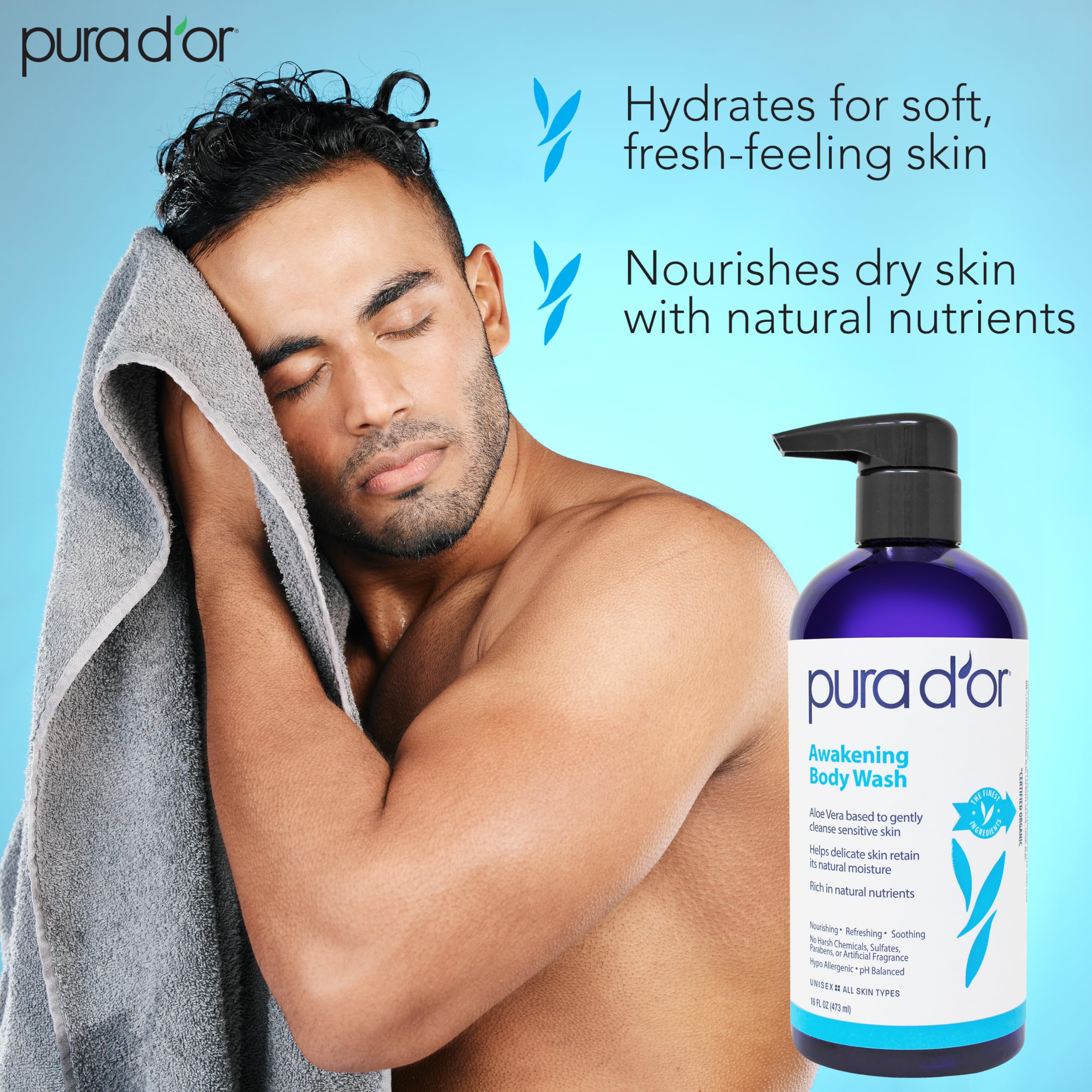 PURA D'OR Awakening Body Wash bottle pour captures easy, invigorating lather