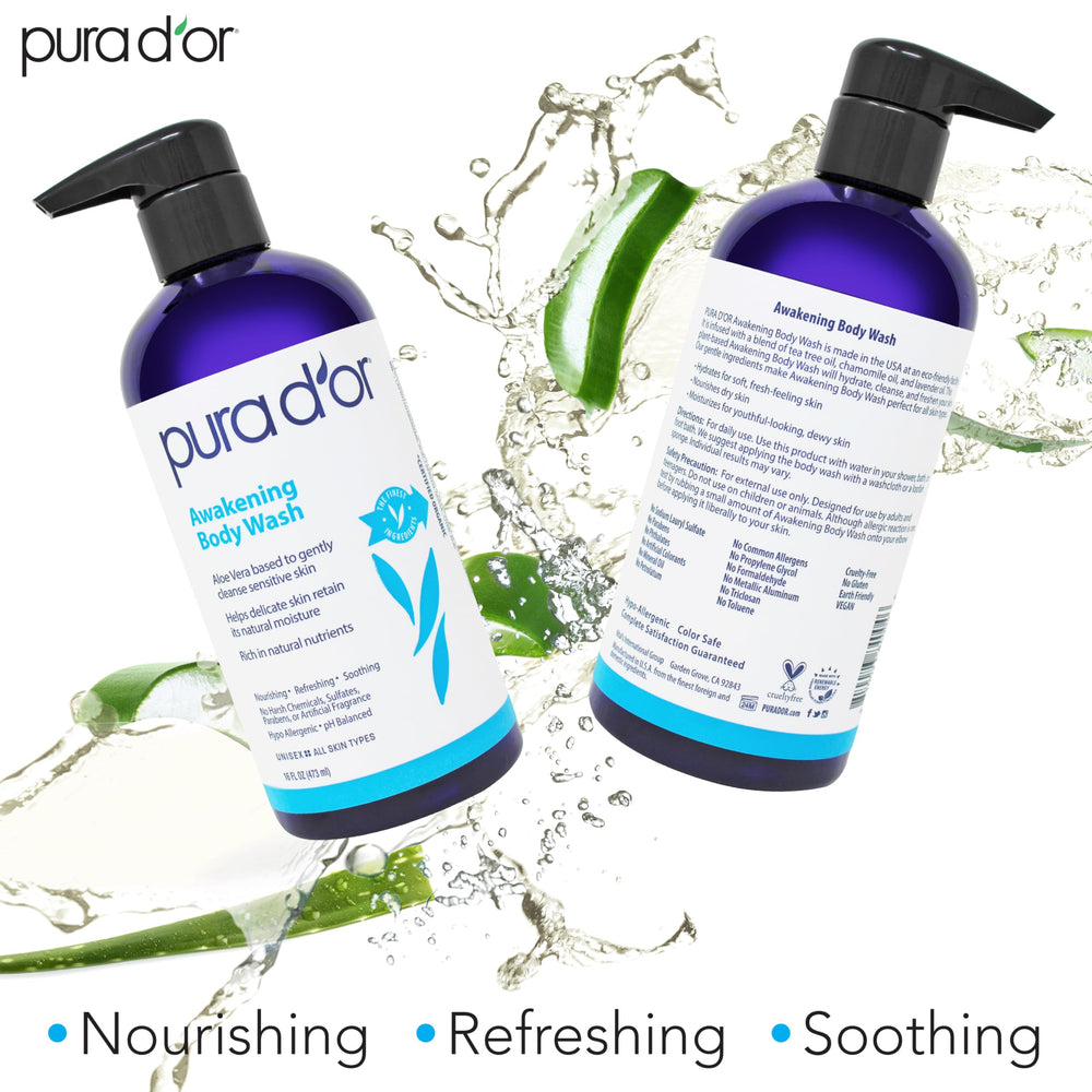 PURA D'OR Awakening Body Wash label highlights vegan, cruelty-free formula