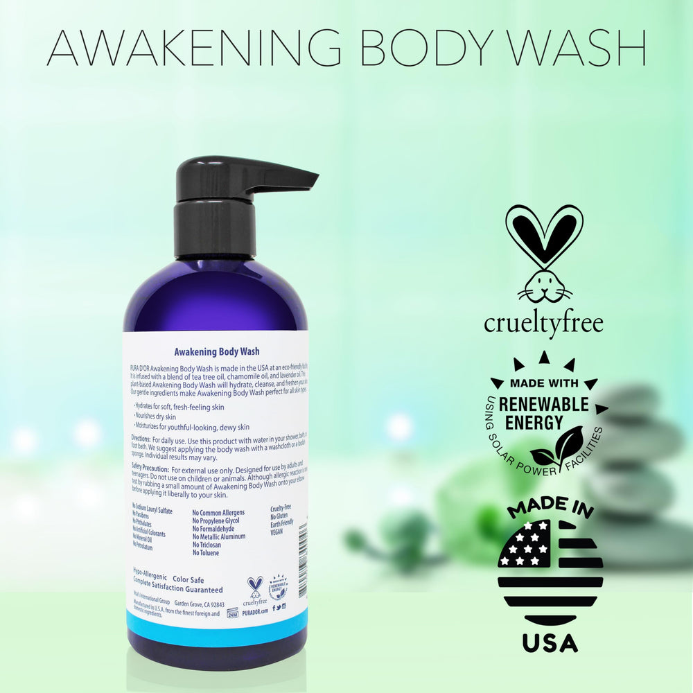PURA D'OR Awakening Body Wash US-made facility label signals quality care