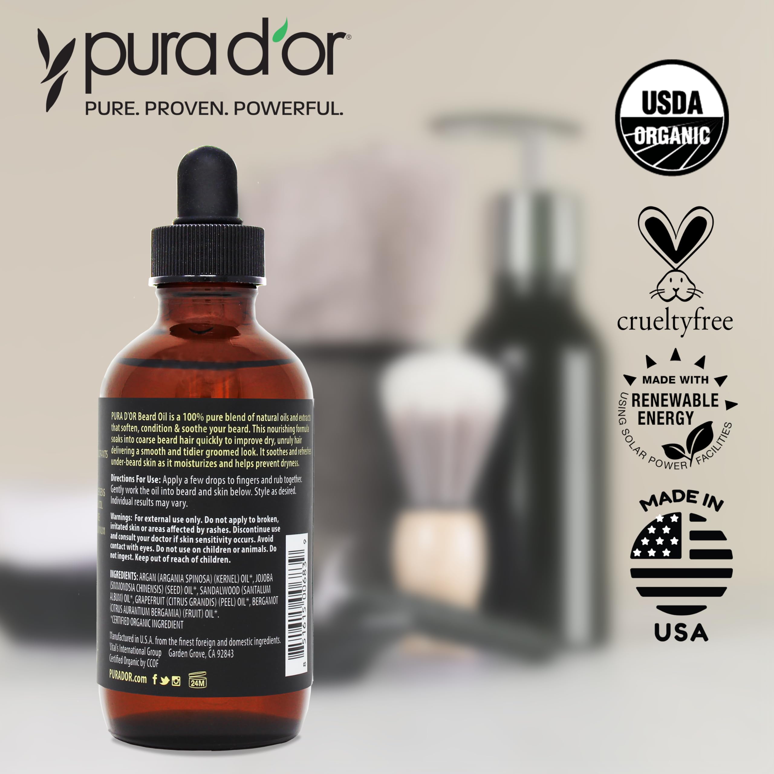 PURA D'OR beard oil ingredients label highlighting natural botanicals.