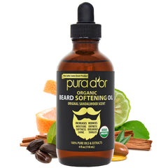 PURA D'OR beard oil bottle close-up showing sandalwood-scented conditioning.