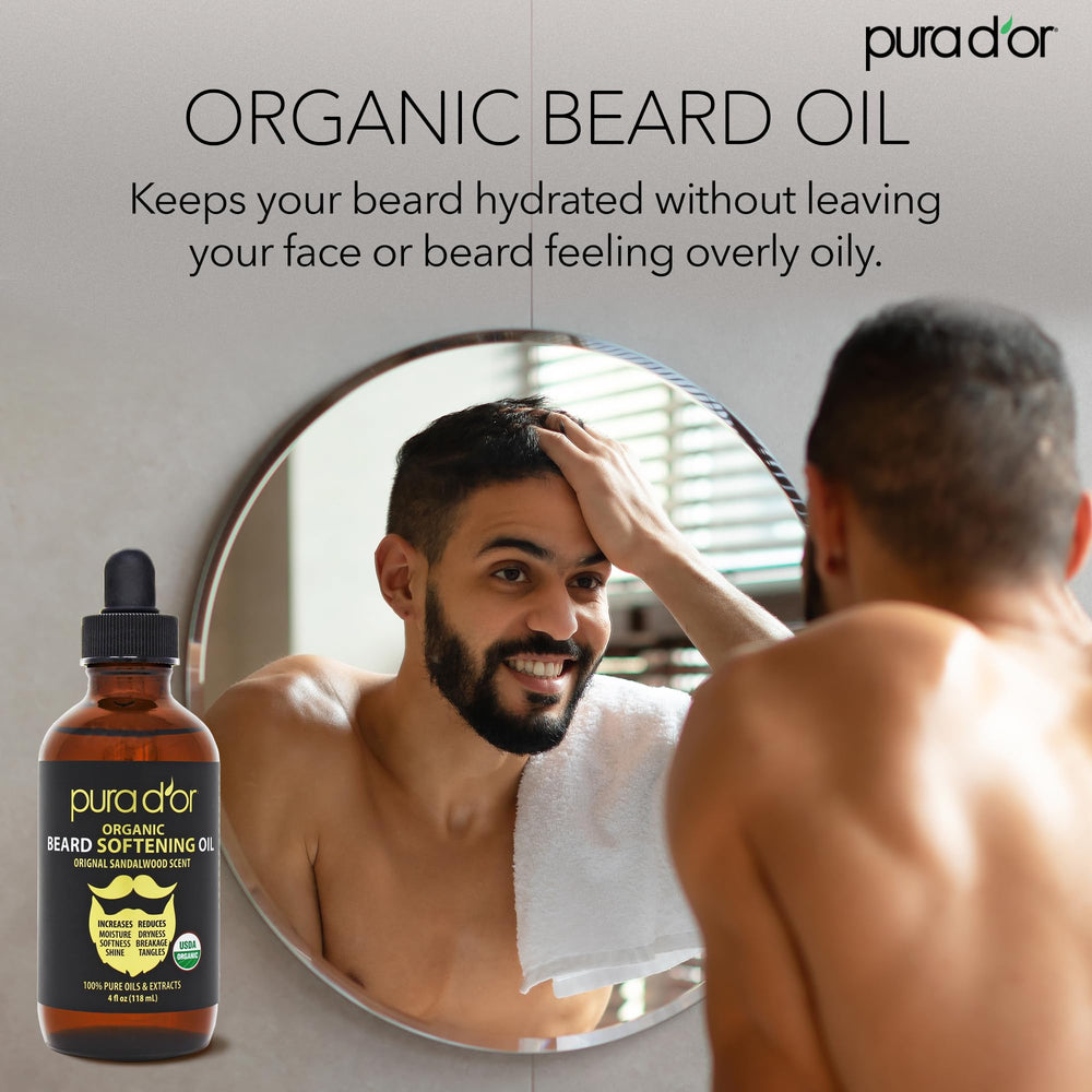 Skin beneath beard treated with PURA D'OR oil for comfort.