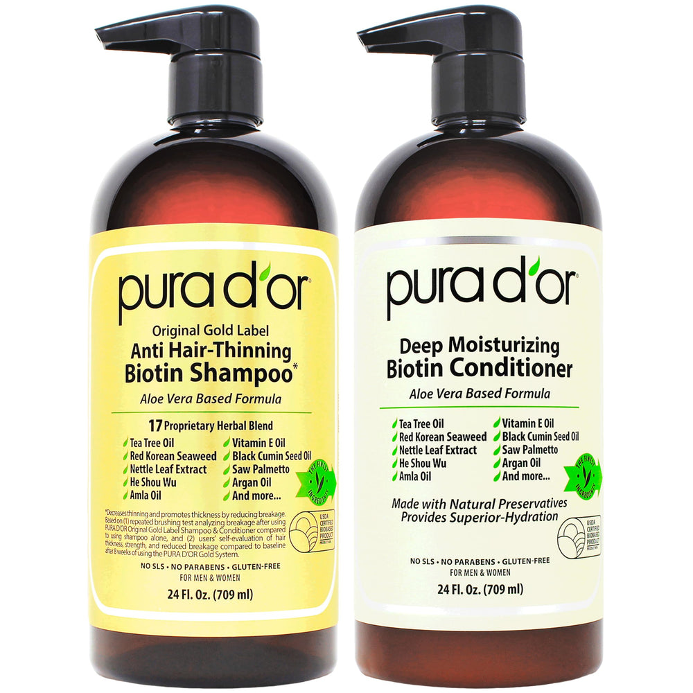 PURA D'OR Gold Label anti-thinning shampoo bottle showing thickening formula for fuller-looking hair