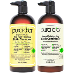 PURA D'OR Gold Label anti-thinning shampoo bottle showing thickening formula for fuller-looking hair