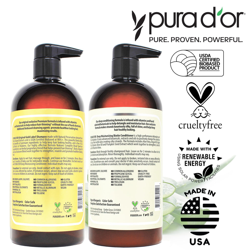 PURA D'OR hair-care routine closeup showing non-sulfate, cruelty-free formula suitable for daily use